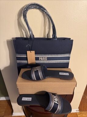 Steve Madden Navy and Cream Paris Tote with Matching Slide Sandals